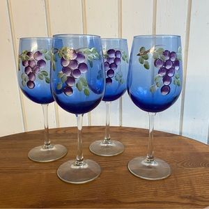 Hand Painted grapes vine blue glass 12 oz. Wine or Water Goblets Set of 4
